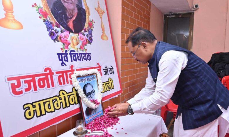 मुख्यमंत्री श्री साय ने रायपुर की पहली महिला विधायक स्वर्गीय रजनी ताई उपासने के निवास पहुंचकर अर्पित की श्रद्धांजलि मुख्यमंत्री श्री साय ने रायपुर की पहली महिला विधायक स्वर्गीय रजनी ताई उपासने के निवास पहुंचकर अर्पित की श्रद्धांजलि