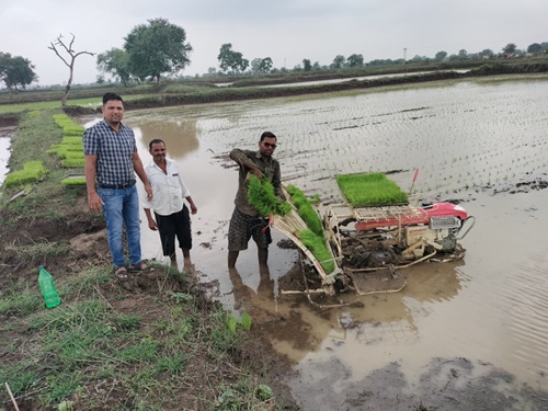 किसान अब पैडी ट्रांसप्लांटर विधि से धान रोपाई कर रहे किसान अब पैडी ट्रांसप्लांटर विधि से धान रोपाई कर रहे